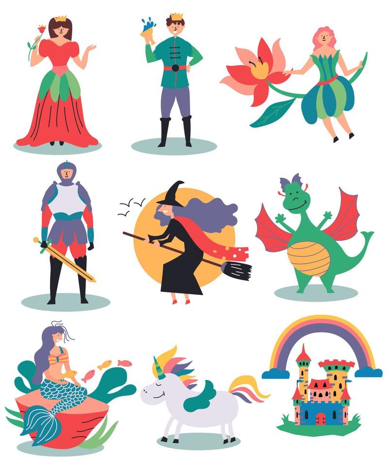 un conjunto de ilustraciones fabulosas bruja, hada, princesa, príncipe, caballero, sirena, unicornio, castillo, dragón. cuentos de hadas vector