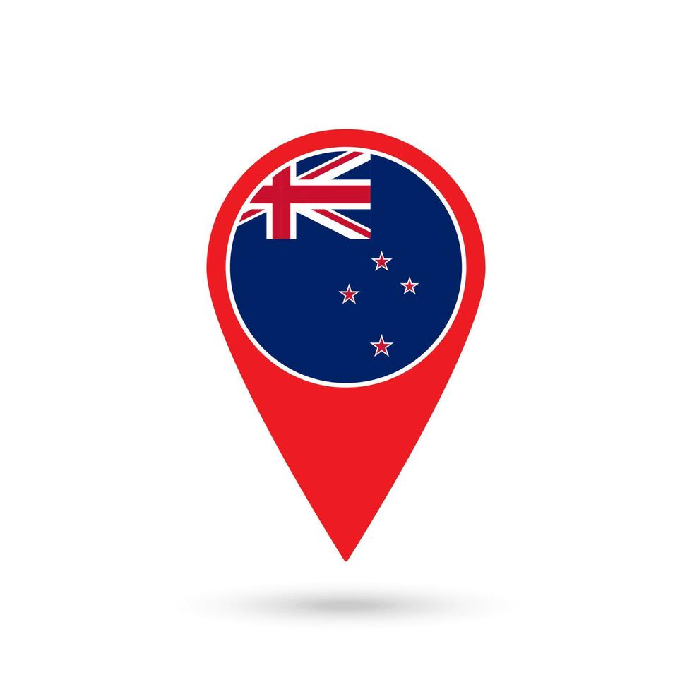 Map pointer with contry New Zealand. New Zealand flag. Vector illustration.