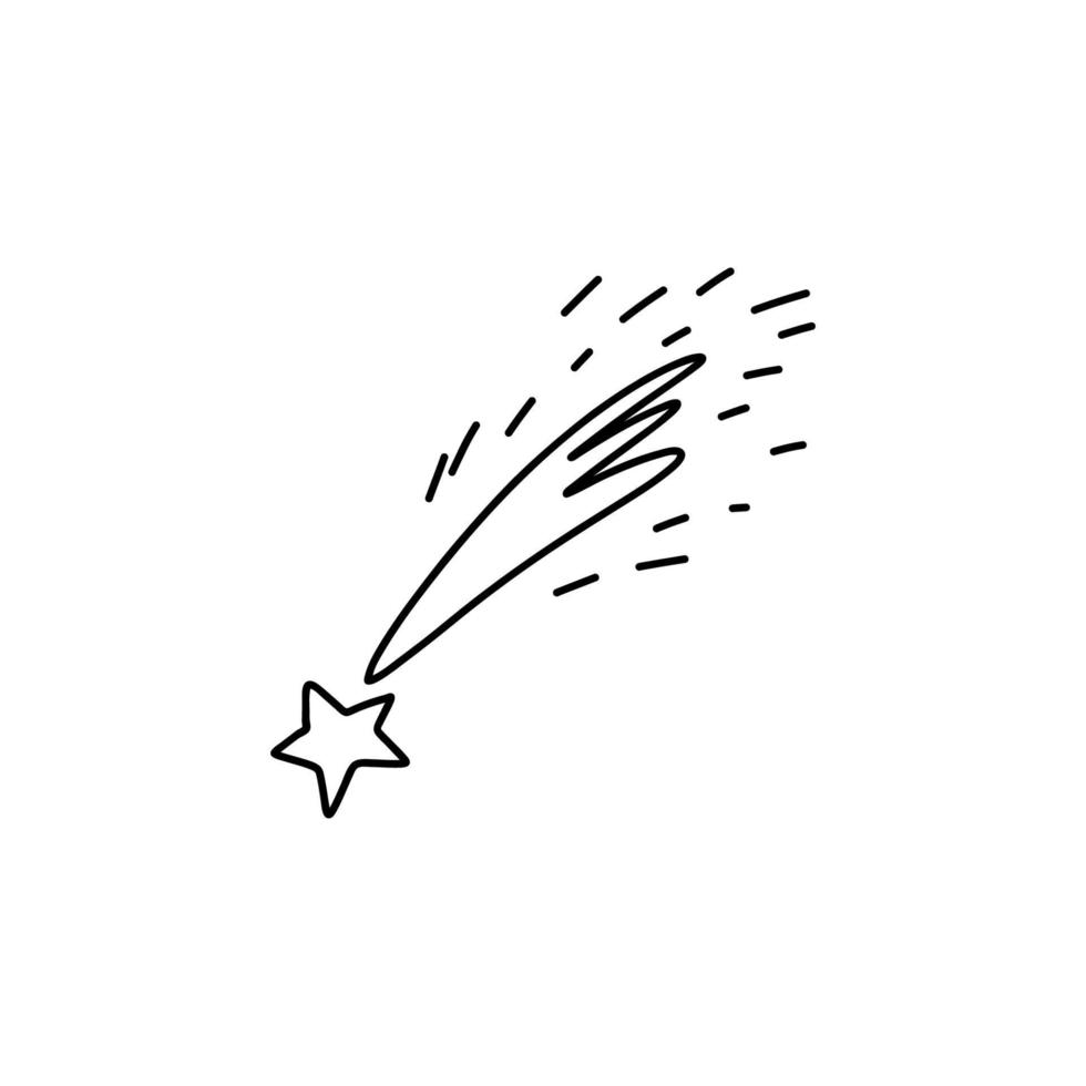 Celestial phenomena. Shooting star contour sparkling tail. A shining comet flies down from space. Vector stock isolated illustration.