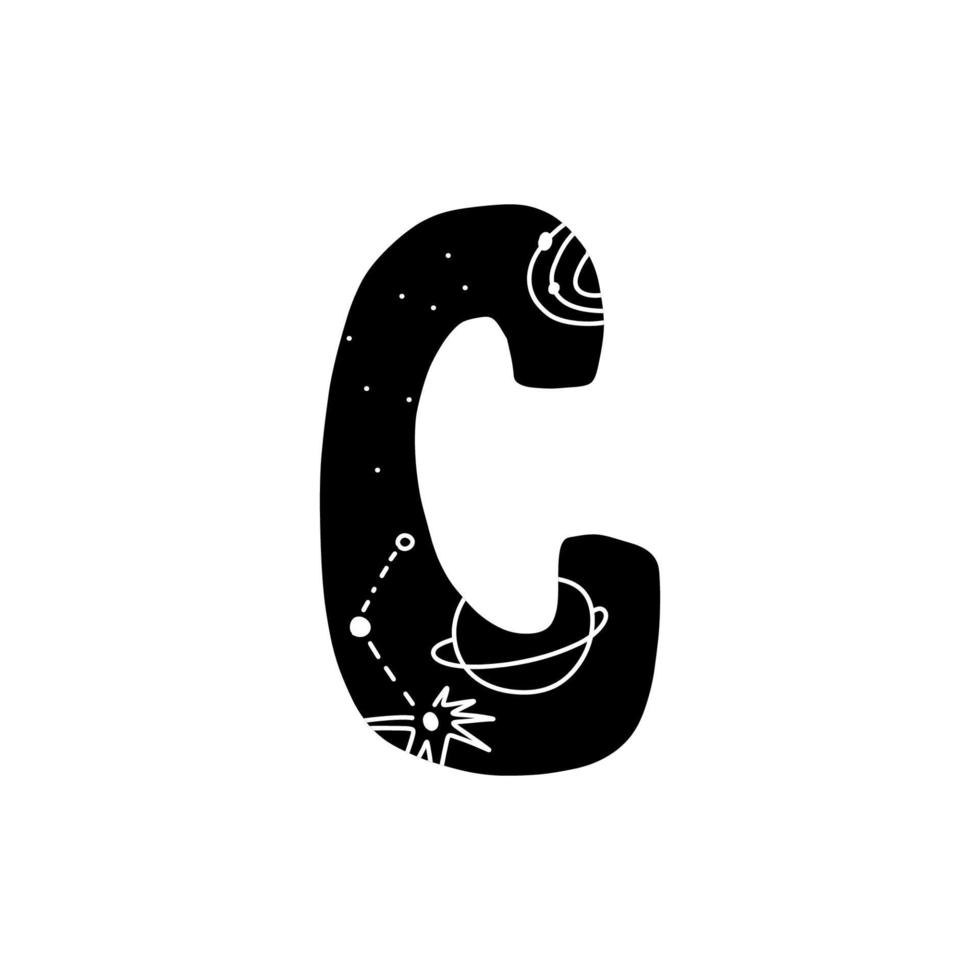 Hand drawn letter C. Black alphabet letter inside which there are stars, planets, galaxies, constellations. Vector stock illustration isolated. Heavenly concept.