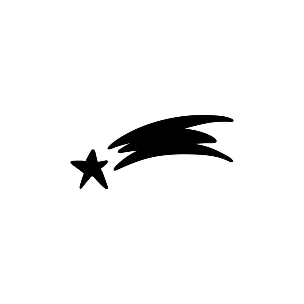 A silhouette of a shooting star and a shining tail. Clipart close-up of a flying star. Vector stock isolated illustration. Celestial concept.