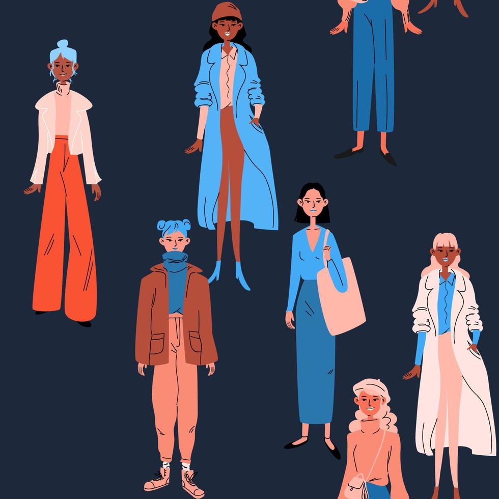 patrones impecables de mujeres con ropa informal brillante. un grupo de chicas diversas con túnicas de moda azules y naranjas sobre un fondo oscuro. primer plano vector stock ilustración colorida en estilo de dibujos animados.