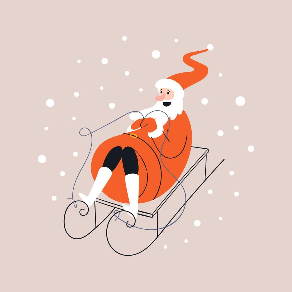 Cartoon Santa Claus riding a doodle sled in white boots. Happy Santa rolls down cheerfully while lying on a sleigh in a circle of snowballs. Hand-drawn colorful card. Vector stock illustration.