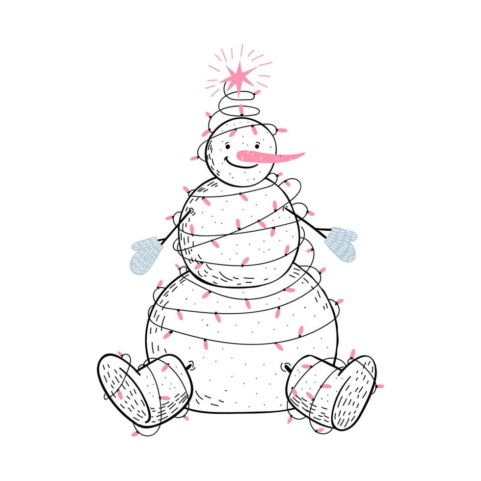A hand-drawn snowman in felt boots and blue gloves sits wrapped in a pink garland like a herringbone. A star is burning on his head. Vector stock illustration isolated on white background.