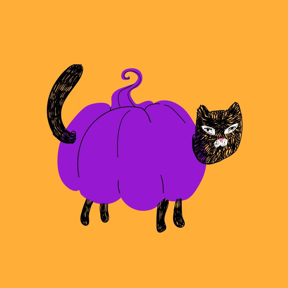 Black cat dressed as a purple pumpkin. The hand-drawn cat stands on four legs, and the host, head and paws stick out from the pumpkin. Vector stock illustration isolated on orange background.