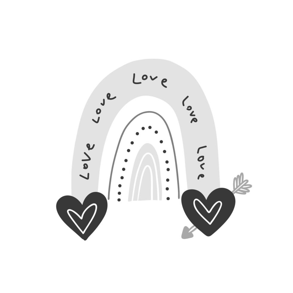 arco iris de garabatos con un corazón atravesado por una flecha. dibujo a mano arco iris de cerca con texto amor. ilustración de stock vectorial aislada sobre fondo blanco. vector