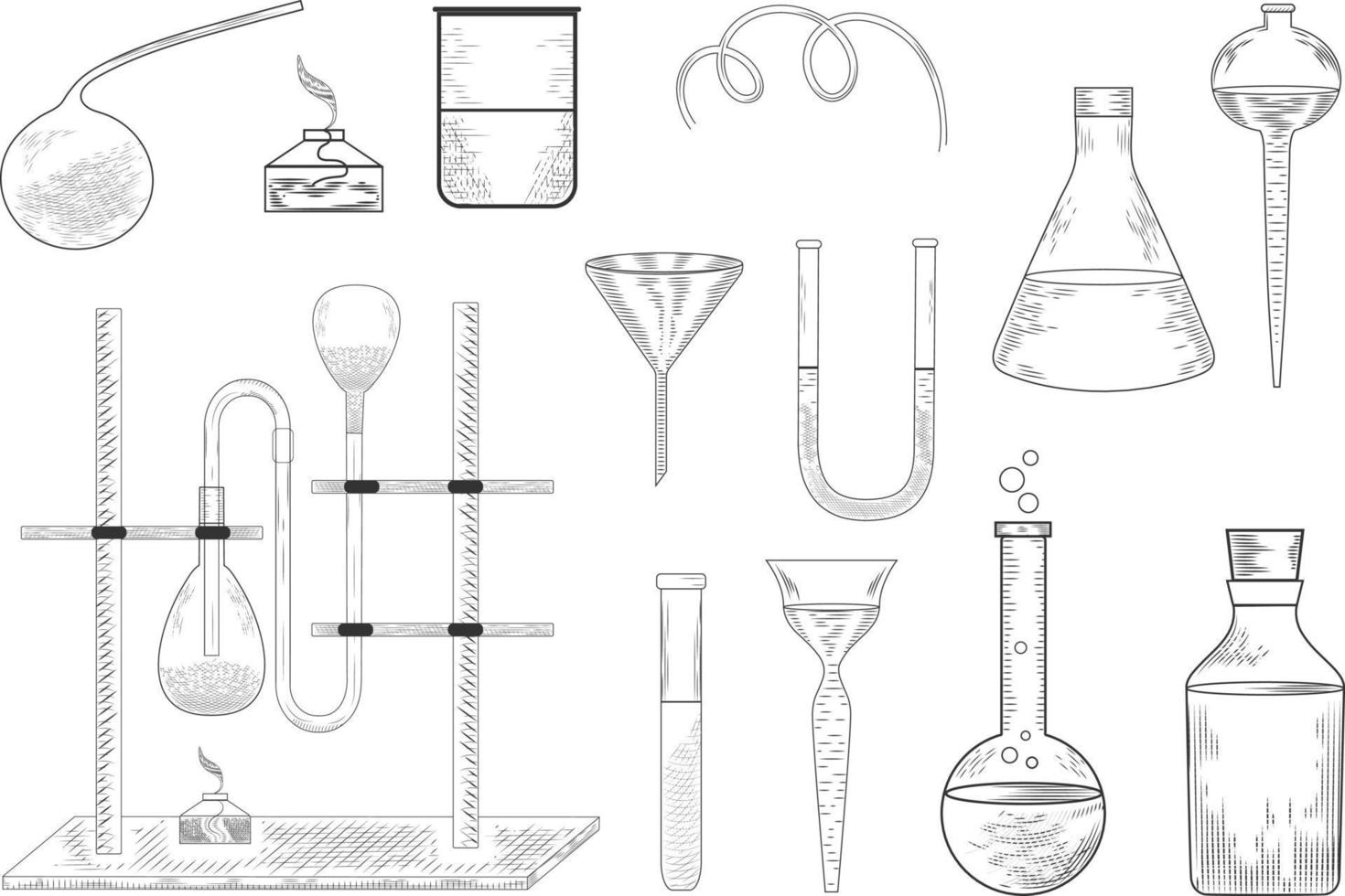 Sketch of a  physics or chemical laboratory experiment and equipment. Vector pharmaceutical glass flasks, beakers and test tubes in old engraving style.