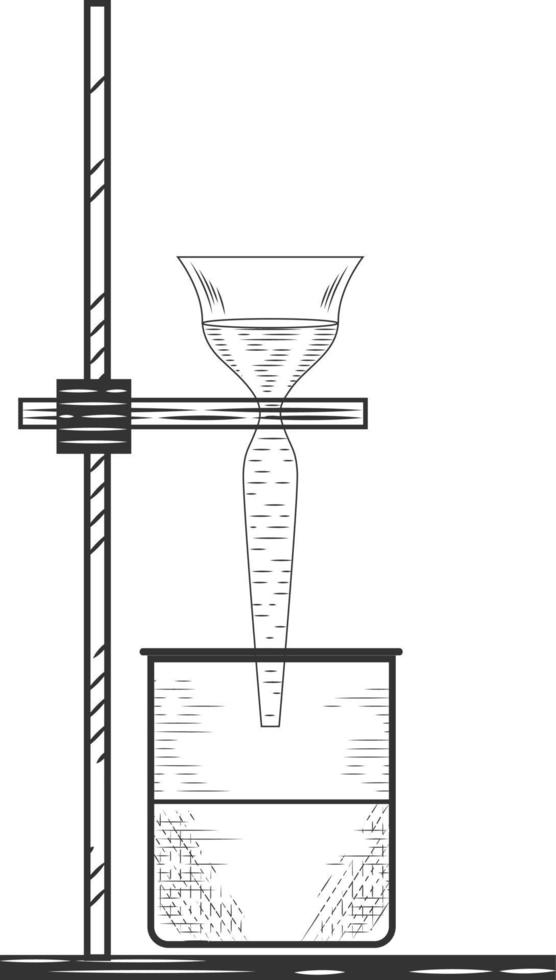 Sketch of a  physics or chemical laboratory experiment and equipment. Vector pharmaceutical glass flasks, beakers and test tubes in old engraving style.