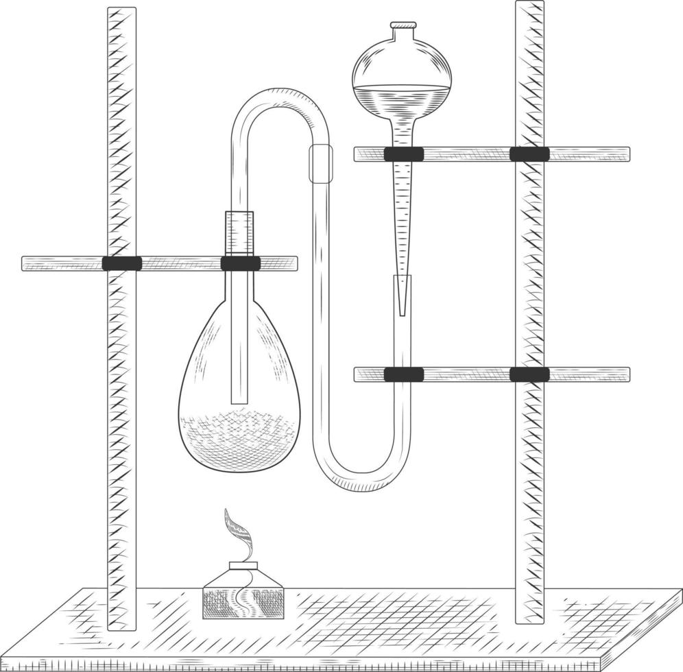 Sketch of a  physics or chemical laboratory experiment and equipment. Vector pharmaceutical glass flasks, beakers and test tubes in old engraving style.