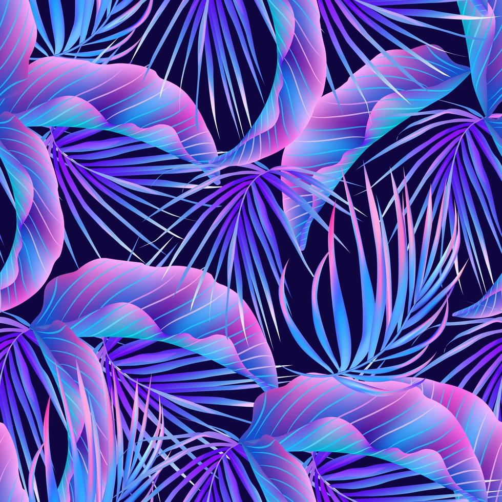 hojas tropicales de neón púrpura de la selva patrón sin fisuras. follaje botánico exótico de verano. colores de vectores fluorescentes.