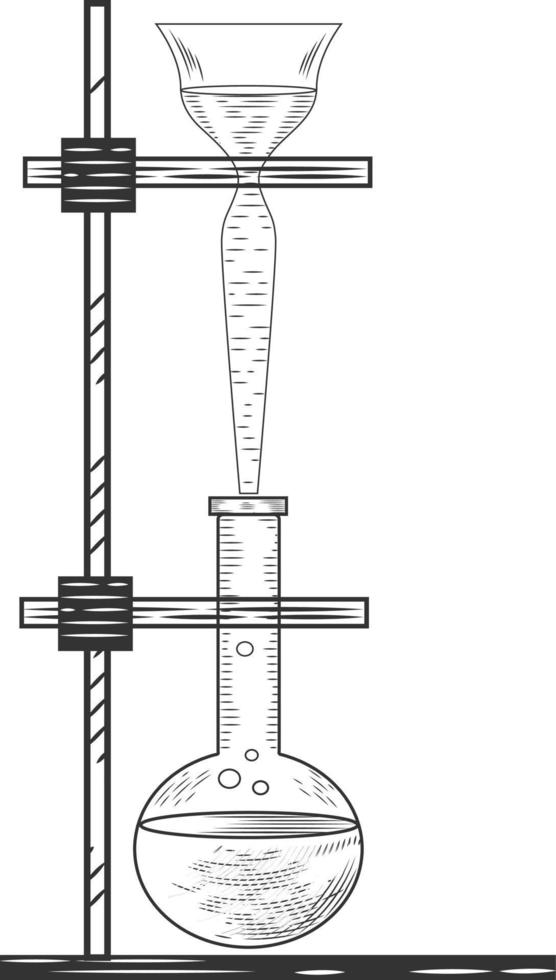 boceto de un experimento y equipo de laboratorio de física o química. matraces, vasos de precipitados y tubos de ensayo de vidrio farmacéutico vectorial en estilo de grabado antiguo. vector