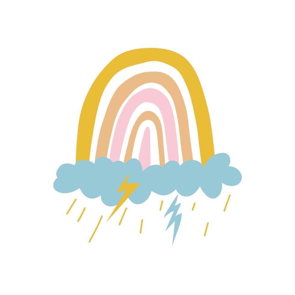 A colored rainbow of yellow and pink tones stands on a blue cloud. Rain pours from the cloud and lightning flashes. Cute vector stock illustration isolated on white background.