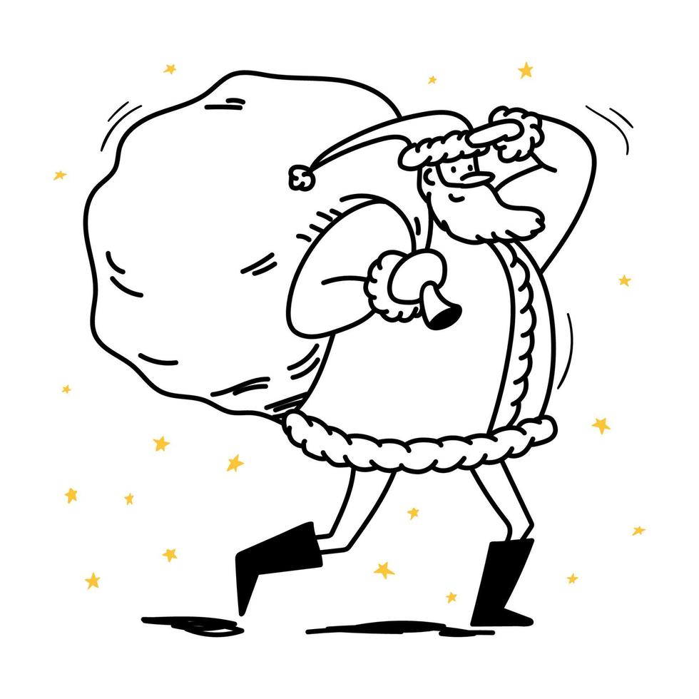 Doodle Santa walks, carries a large bag on his shoulder and looks into the distance with his hand to his forehead. Hand drawn vector stock illustration on white isolated background.