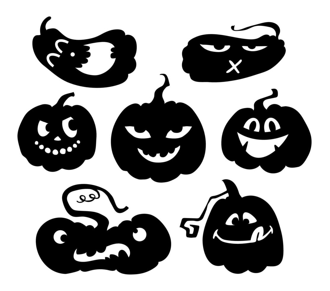 Silhouette of pumpkin set. Funny pumpkins with different faces. Spooky black Halloween pumpkins on white isolated background. Vector stock illustration.