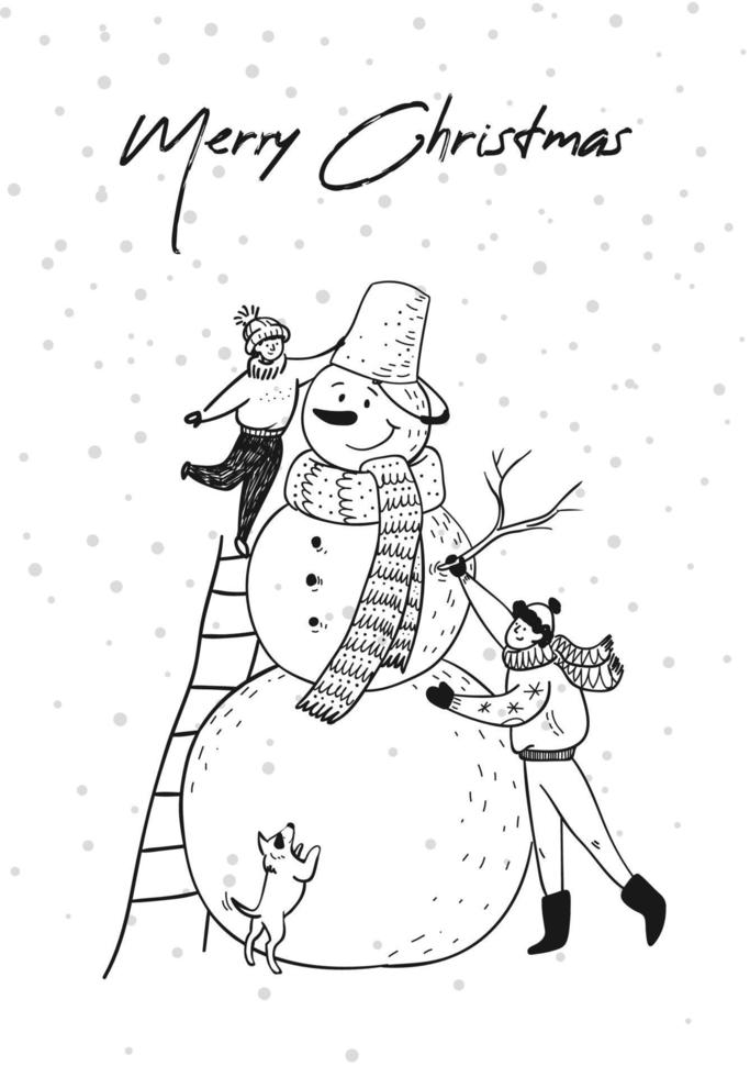 Hand drawn doodle snowman with people. Winter fun. Merry Christmas. A boy standing on the stairs puts a bucket on the head of a snowman, the father helps his son. vector