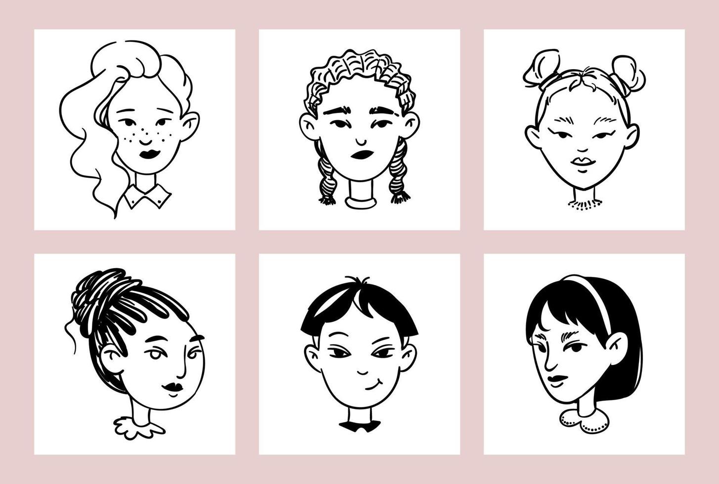 Set of young women doodle avatars. Hand-drawn female faces on white isolated background. A collection of various portraits. Vector stock illustration.