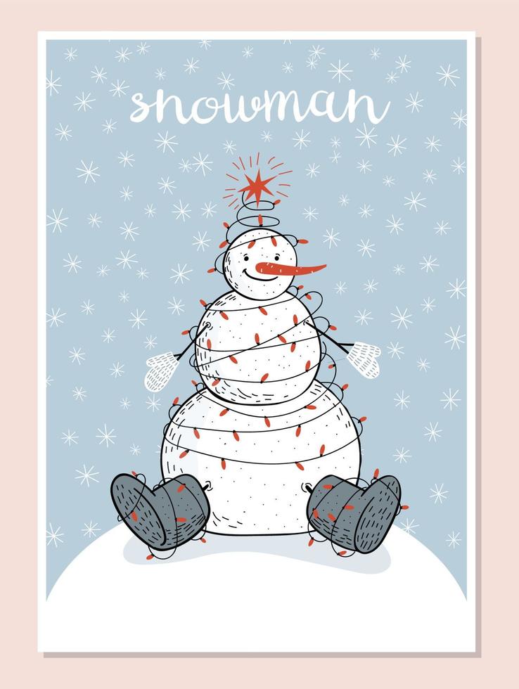 Hand-drawn snowman wrapped in a burning garland sits on a snowy hill in felt boots with a red carrot instead of a nose and in white gloves, snowflakes are falling. Vector stock illustration in blue co