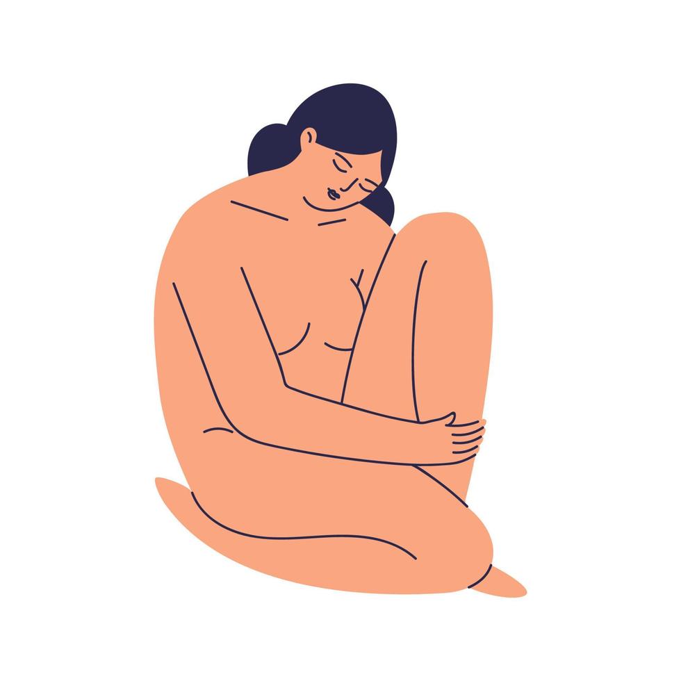 A hand-drawn nude woman sits with her knee pressed to her chest, eyes closed. An adult beautiful lady tilted her head down. Isolated vector doodle stock illustration in cartoon style.