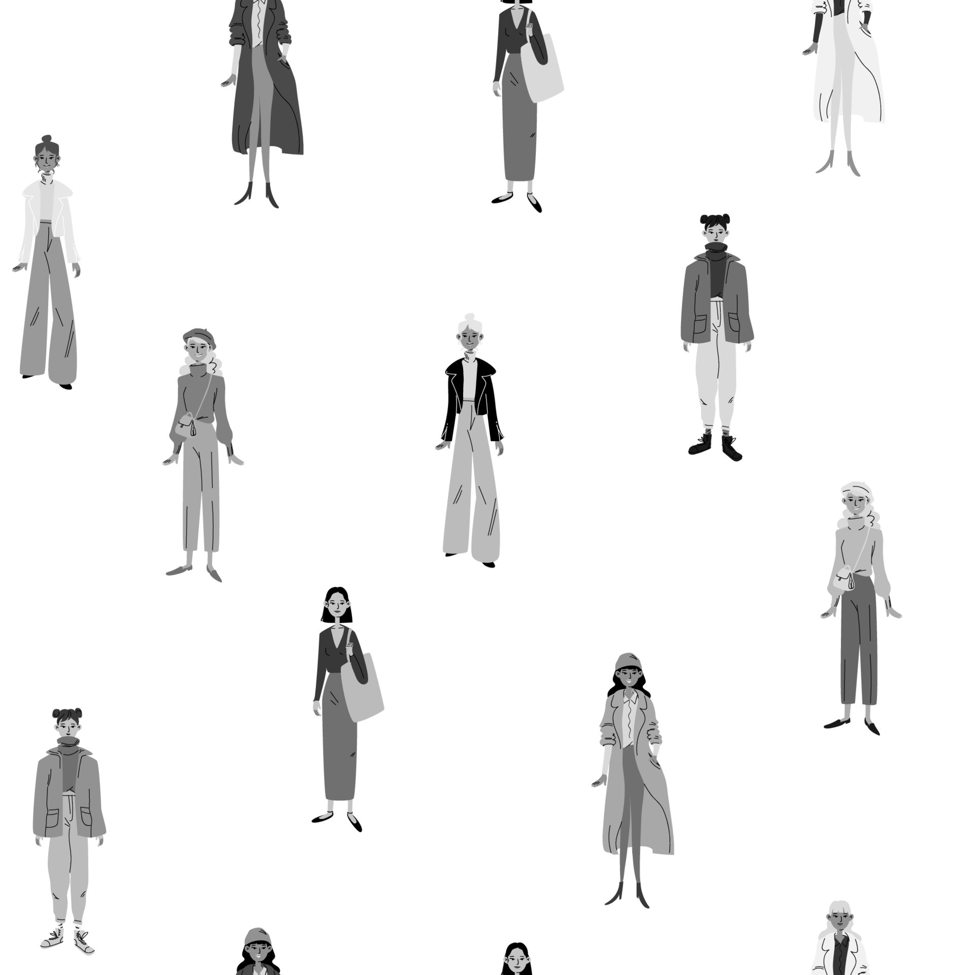 Seamless black on white background with young women. Female figures group of various girls in casual fashion clothes isolated. Tile vector stock illustration in cartoon style. 6427377 Vector Art at Vecteezy Seamless black on white background with young women. Female figures group of various girls in casual fashion clothes isolated. Tile vector stock illustration in cartoon style. 6427377 Vector Art at Vecteezy