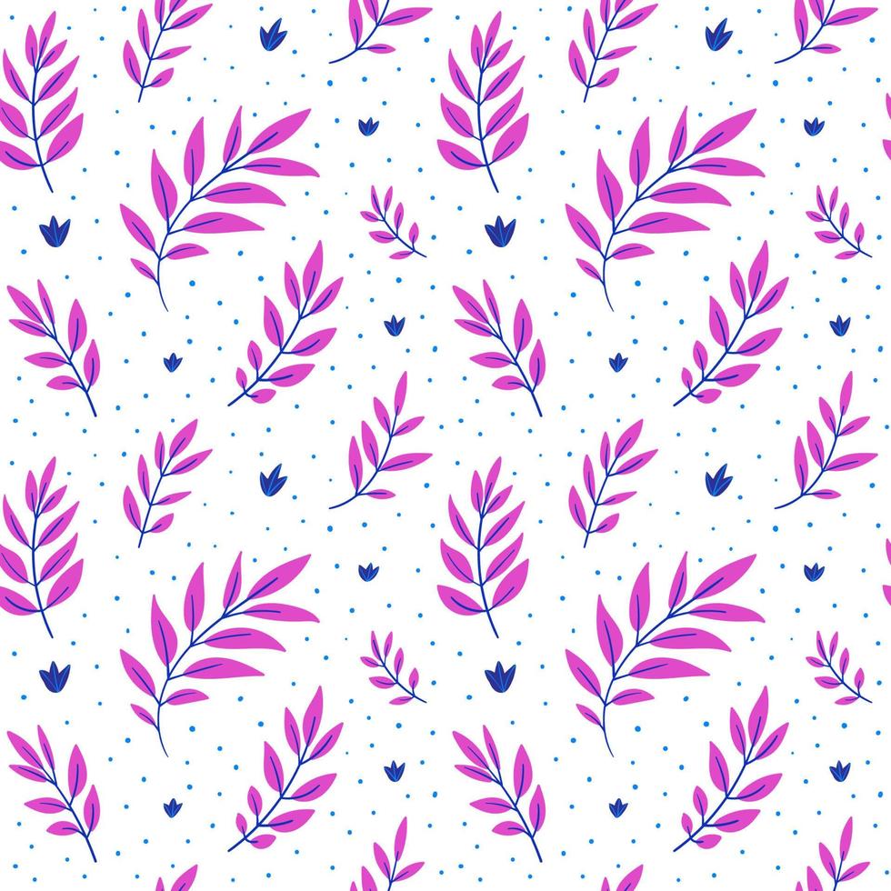 Hand-drawn seamless pattern. Small blue and bright purple leaves on a white background with blue spots. Decorative background for textiles, packaging, prints. vector