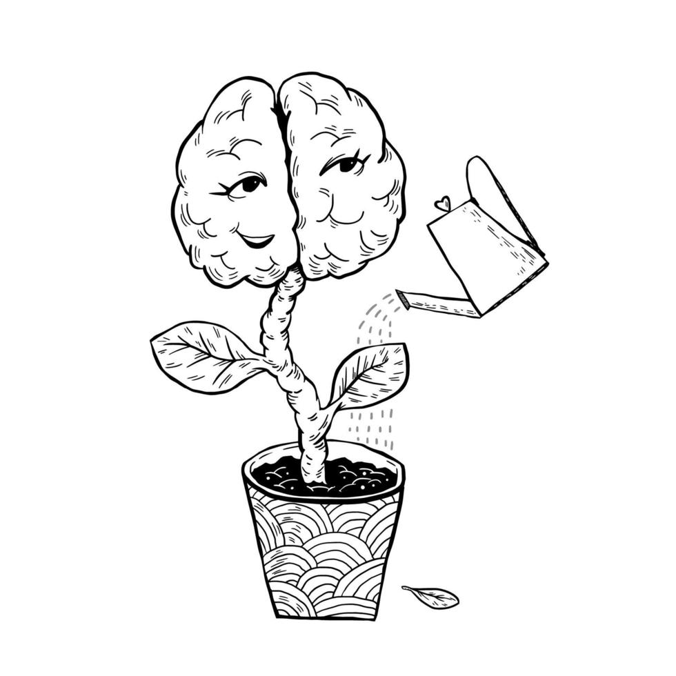 Healthy brain development. Doodle brain like a flower grows in a pot that is watered by a watering can. Brain power, care. Vector stock illustration of intelligence black on white isolated.