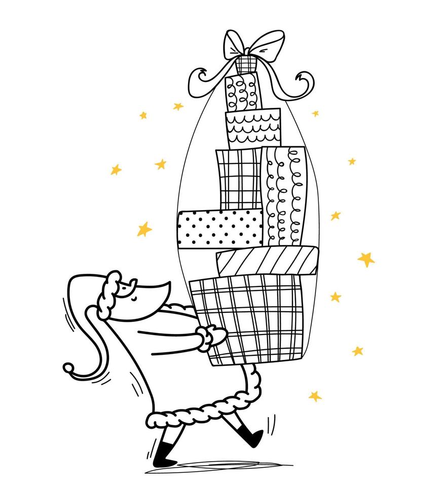 Doodle Santa carries a huge stack of gifts. Cheerful Santa Claus walks with gifts in his hands and a large bow at the top. Vector stock illustration isolated on white background.