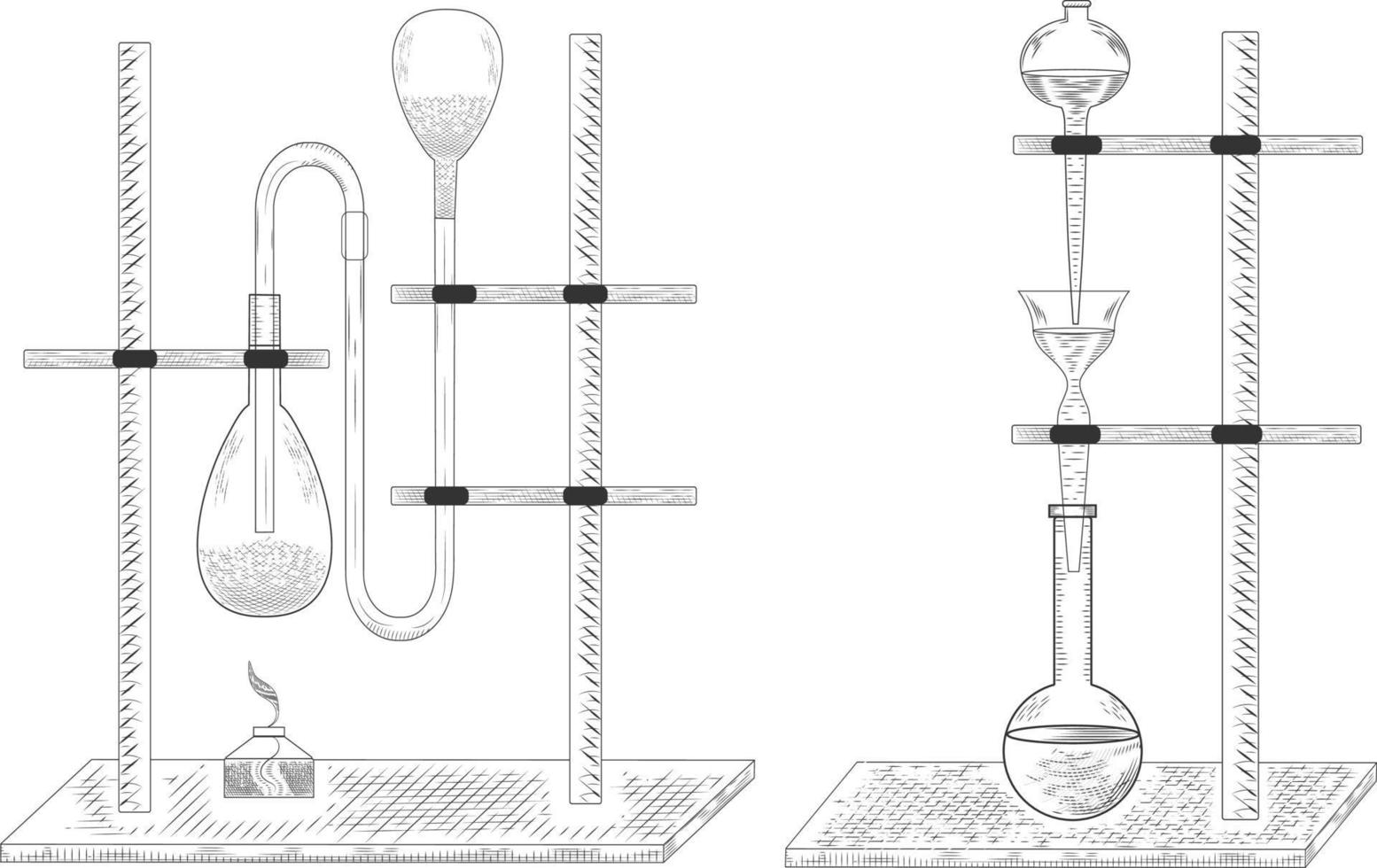 Sketch of a  physics or chemical laboratory experiment and equipment. Vector pharmaceutical glass flasks, beakers and test tubes in old engraving style.