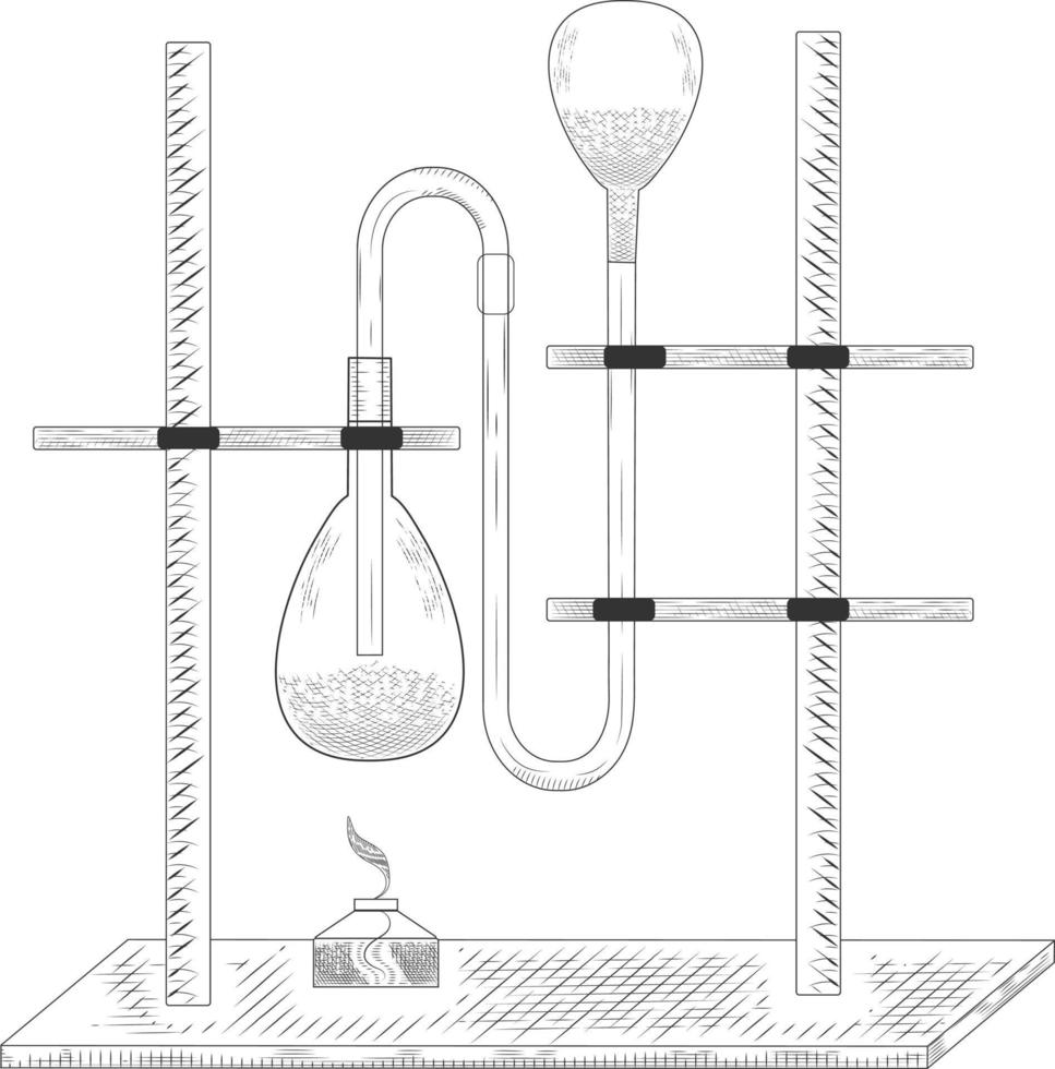 Sketch of a  physics or chemical laboratory experiment and equipment. Vector pharmaceutical glass flasks, beakers and test tubes in old engraving style.