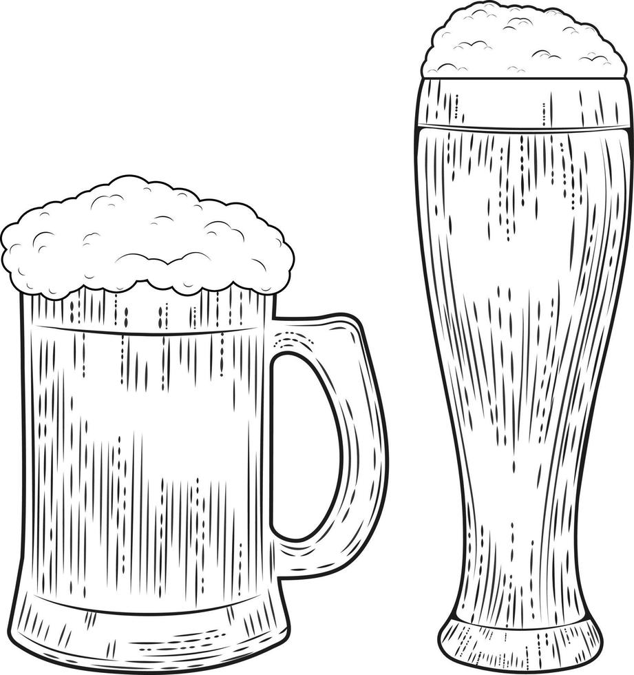 Sketch drawing of a glass and mug with beer. vector