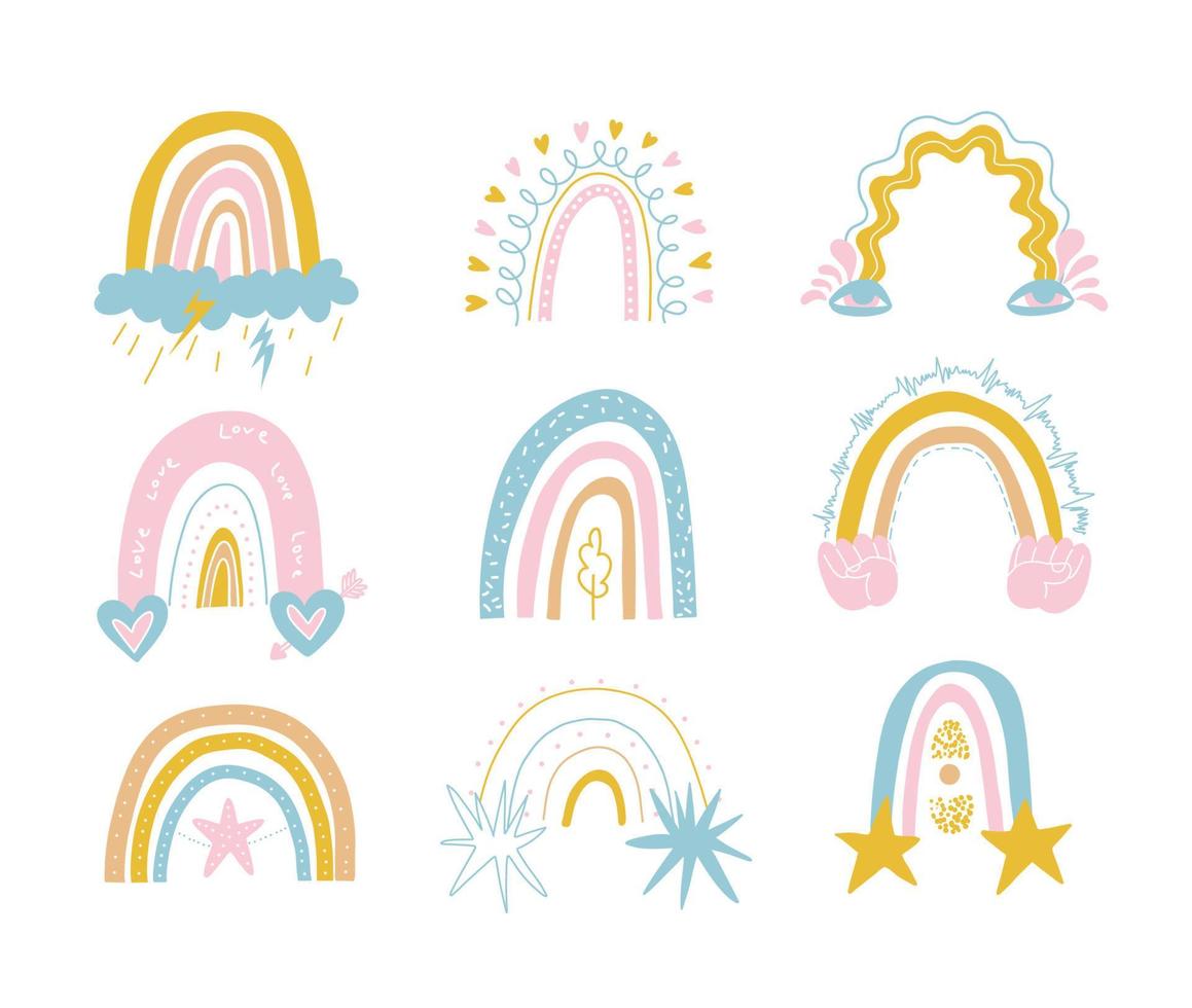 Cute colorful set of rainbows in gentle tones of blue, yellow and pink colors. Rainbows with hearts, stars, rain, hands, eyes and clouds. Vector stock illustration isolated on white background.