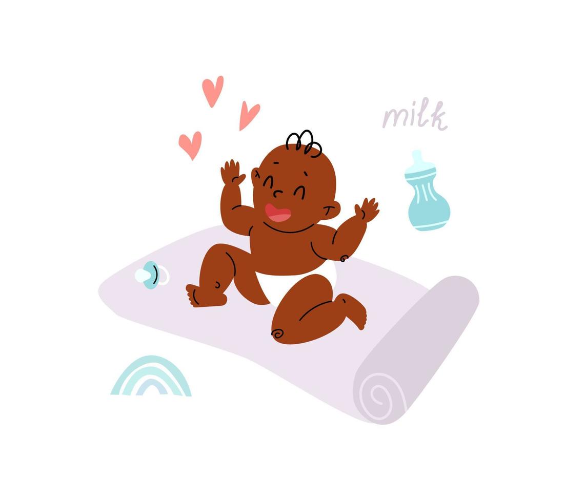 A newborn baby in a diaper sits on a gymnastic mat, next to it is a pacifier, toys and a bottle of milk. A cartoon black child laughs loudly. Vector stock illustration.