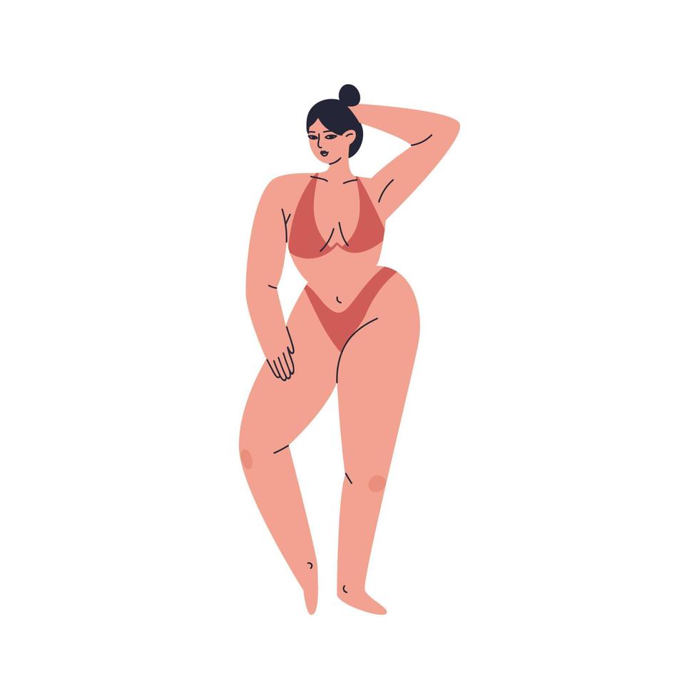 chica bonita de dibujos animados posando en ropa interior. una mujer joven está de pie en un traje de baño de moda. figura femenina con hermosas curvas corporales aisladas. ilustración de stock vectorial aislada sobre fondo blanco. vector