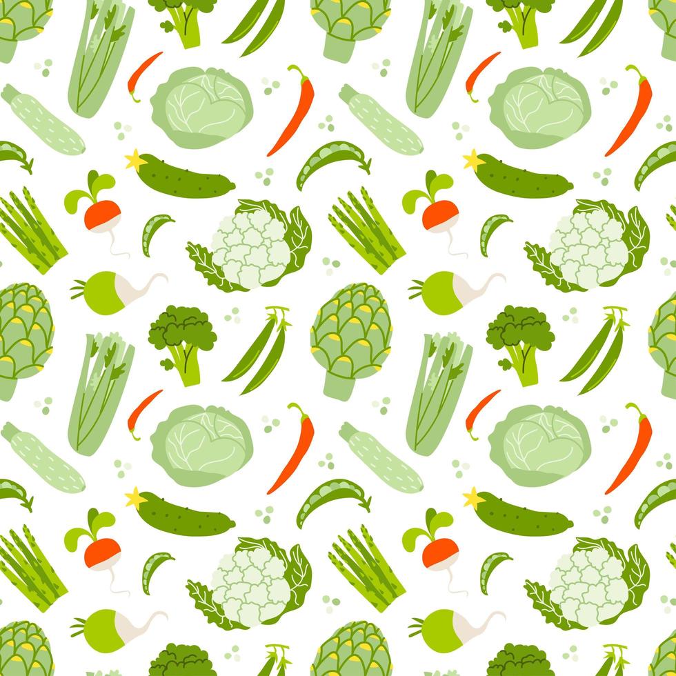 Seamless pattern with vegetables on a white background. A pattern from fresh organic green vegetables and some red ones isolated. Vector stock illustration of grocery background.