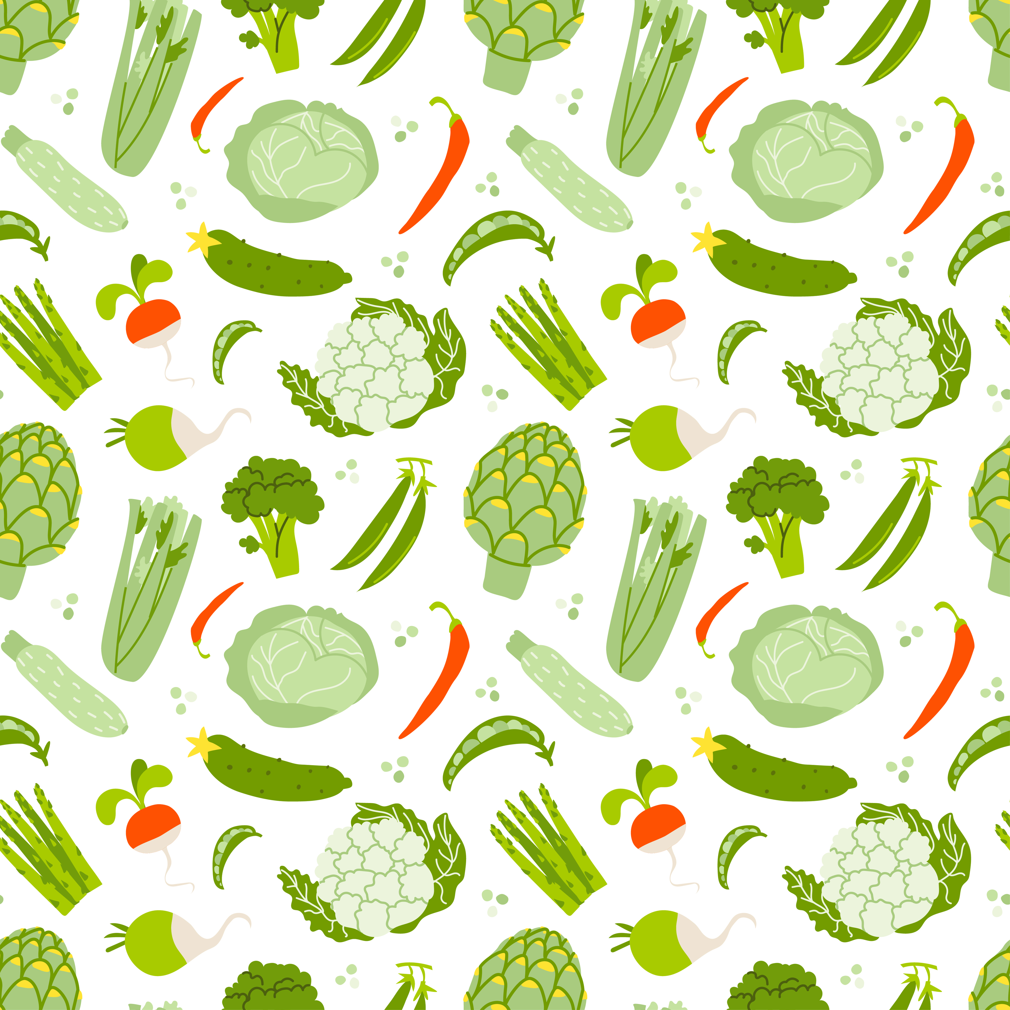 Seamless pattern with vegetables on a white background. A pattern from  fresh organic green vegetables and some red ones isolated. Vector stock  illustration of grocery background. 6427457 Vector Art at Vecteezy