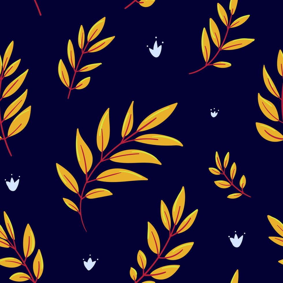 Vector seamless pattern. Red twigs with yellow leaves on a dark blue background. Hand-drawn natural pattern. Decorative background for textiles, packaging, prints.