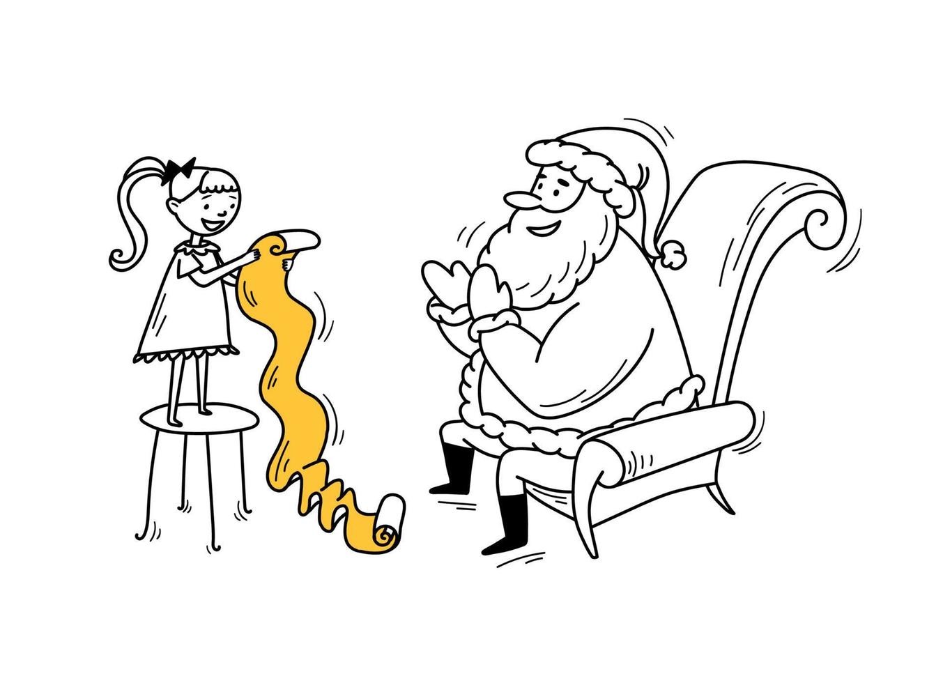 garabato de navidad. una niña se para en una silla sosteniendo una carta larga y la lee frente a santa, él se sienta en una silla y aplaude. ilustración de stock vectorial negro sobre blanco aislado. vector