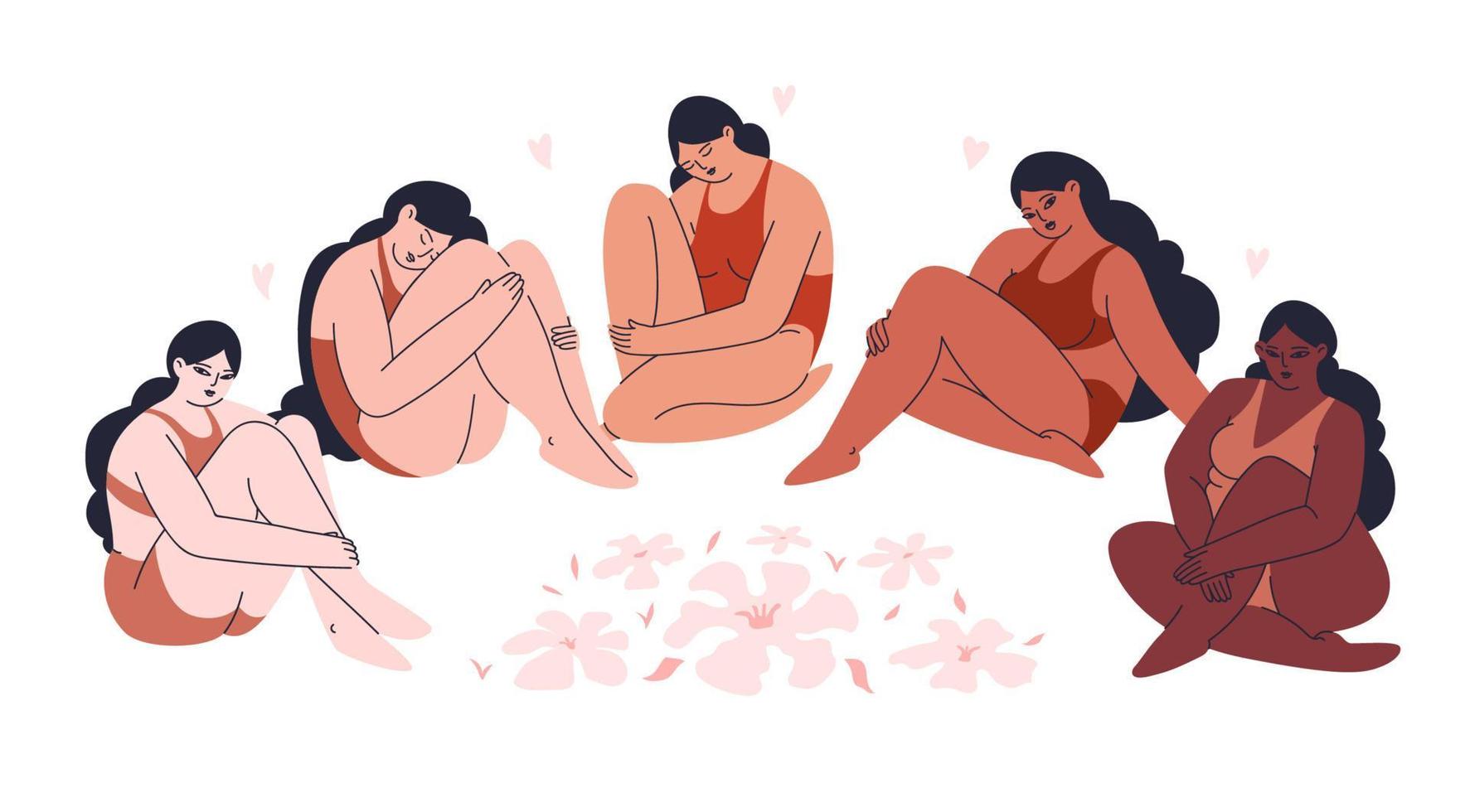 Plus size multicultural women in lingerie sit in a circle among flowers. Diverse young girls of different skin colors are together. Body positive isolated. Vector stock illustration.