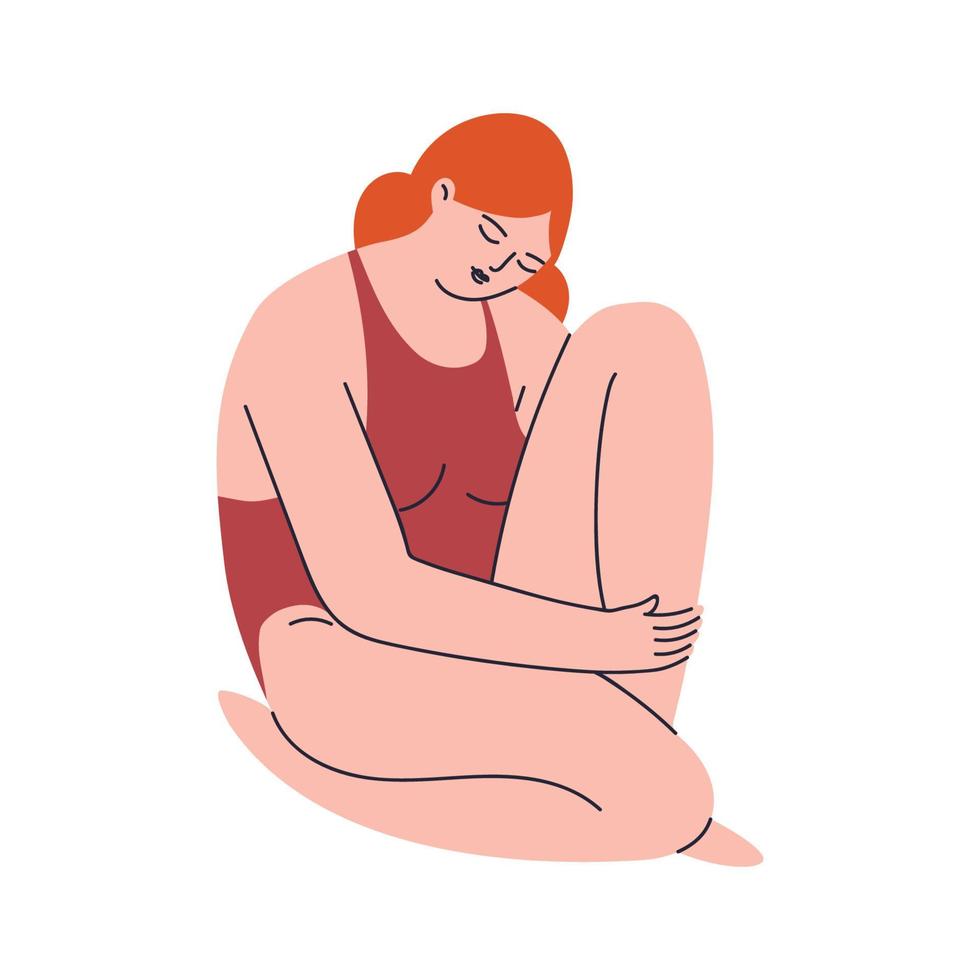 Red-haired young woman in a one-piece swimsuit. An adult girl sits with her knee pressed to her chest with her eyes closed. The modest beauty bowed her head. Vector stock illustration in cartoon style