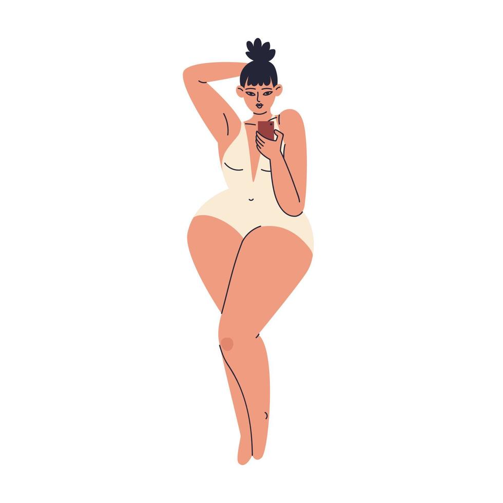 Hand-drawn flirty plus size girl in a swimsuit. A young woman with large hips takes pictures of herself on the phone. Vector stock illustration isolated.