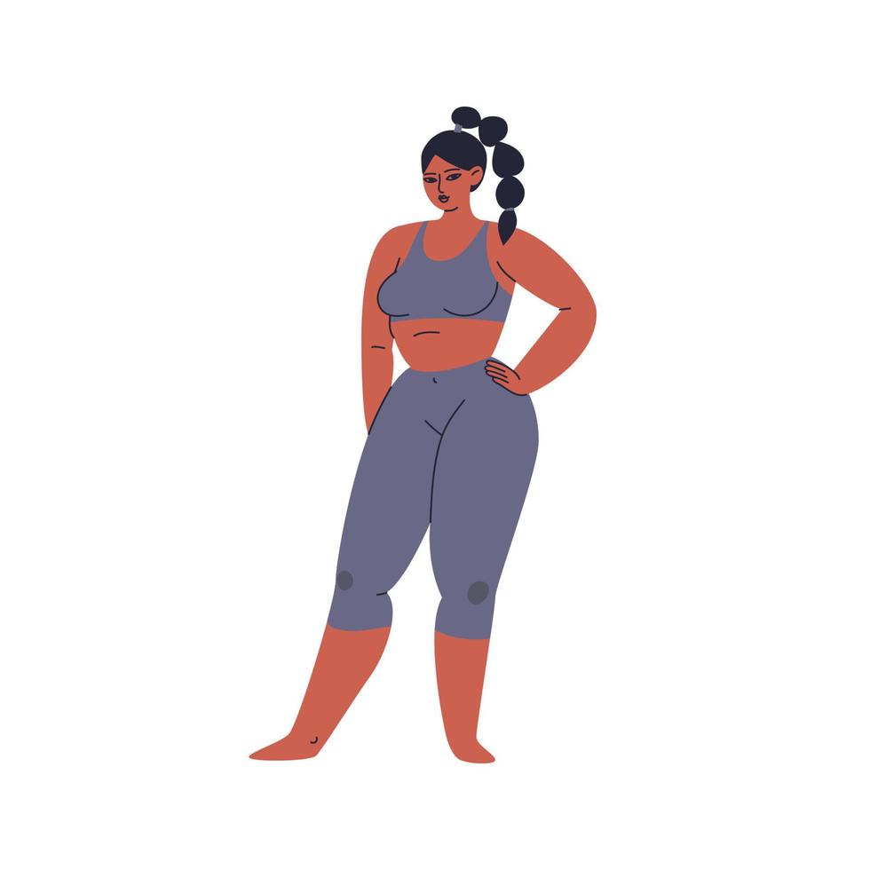 A hand-drawn swarthy woman in a trendy tracksuit. A plump girl stands in gray leggings and a top. A brunette in sports lingerie and a pigtail on her head. Vector stock isolated illustration in cartoon