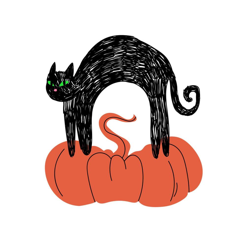 A black cute cat stands arched its back on a large orange pumpkin. Hand drawn cartoon kitten with green eyes. Vector stock illustration isolated on white background.