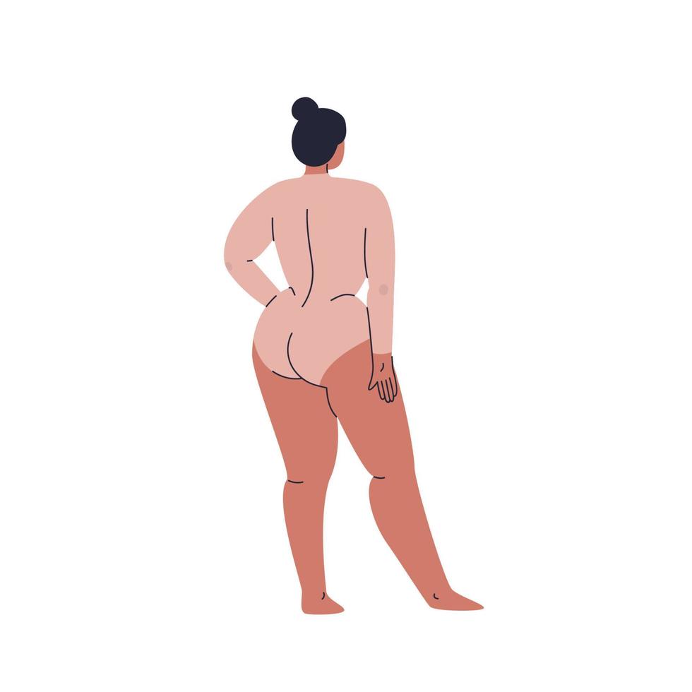A plump young woman stands with her back in a long-sleeve swimsuit. Plus size girl with her hair pulled into a bun. Vector stock illustration in cartoon style isolated.