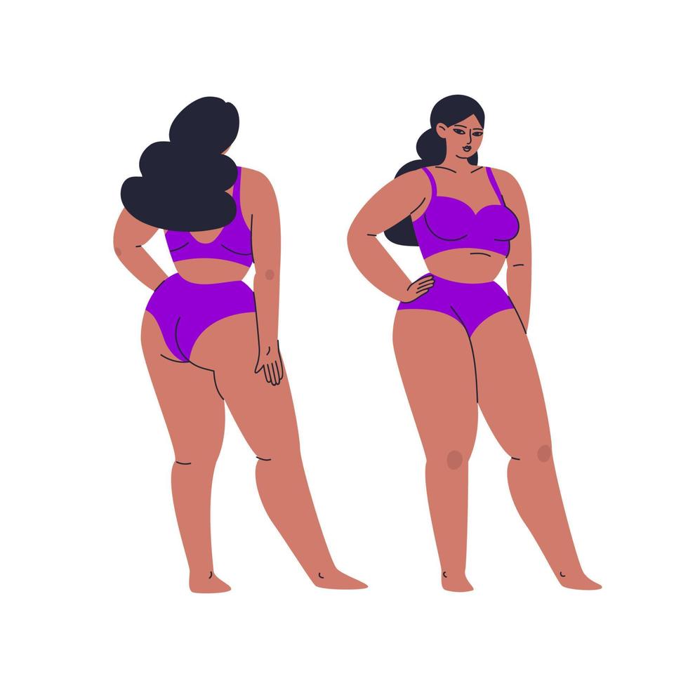 hermosa mujer exuberante en ropa interior de pleno crecimiento, vistas frontal y posterior. una joven con poses de pechos grandes, demuestra un traje de baño separado. ilustración aislada de stock vectorial en estilo de dibujos animados. vector