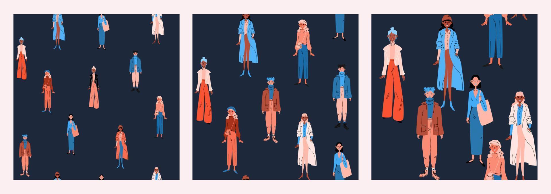 Set of seamless patterns of woman in bright casual clothes. A group of diverse girls in blue, orange trendy robes against a dark background. Vector stock colorful illustration in cartoon style.