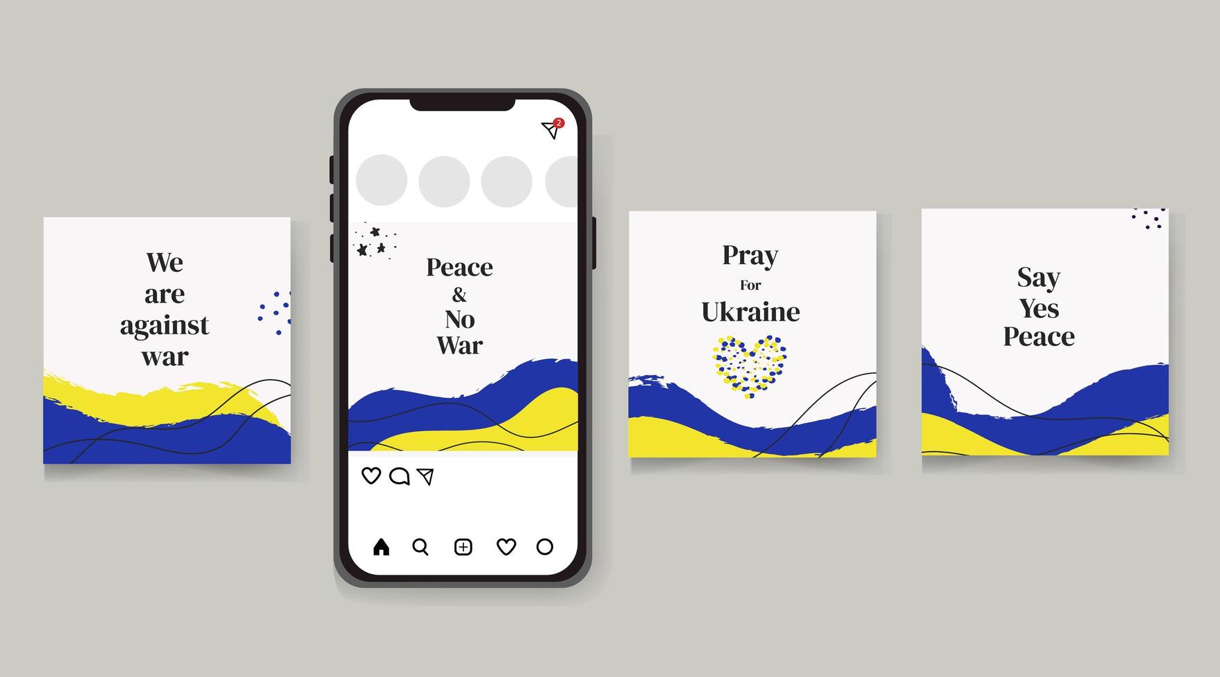 Vector illustration of a phone with messages or banners we are against the war, let's pray for Ukraine, say yes to the world. It can be used on posters, flyers, signage, web banners, etc.