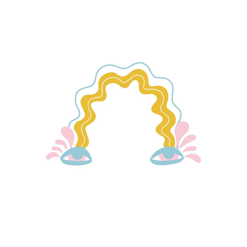 Hand drawing blue eyes, pink tears are crowned with yellow rainbow wave. Abstract vector illustration isolated on white background. For print, postcard,