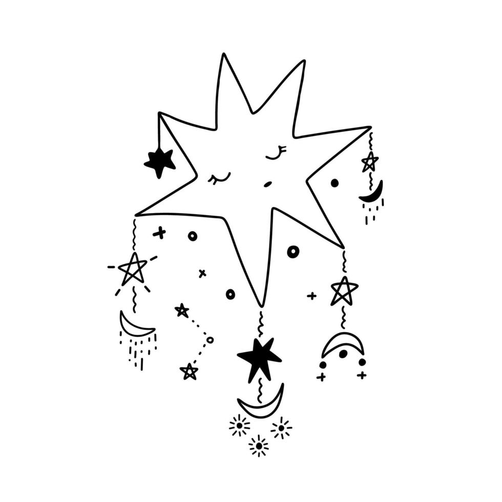 Sky dreamcatcher concept. The large sleeping star is decorated with various celestial elements. Cartoon star with closed eyes surrounded by stars and moons. Vector stock illustration.