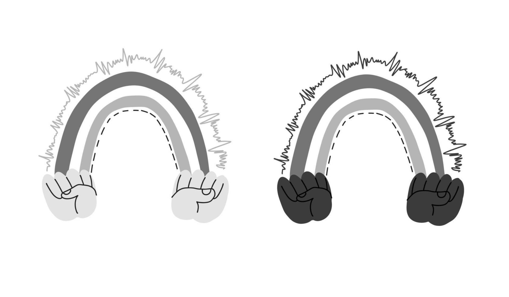 Doodle rainbow at the base of the hands clenched into dark fists. Between the hands, a rainbow in the form of a pulsating line. Vector stock illustration.