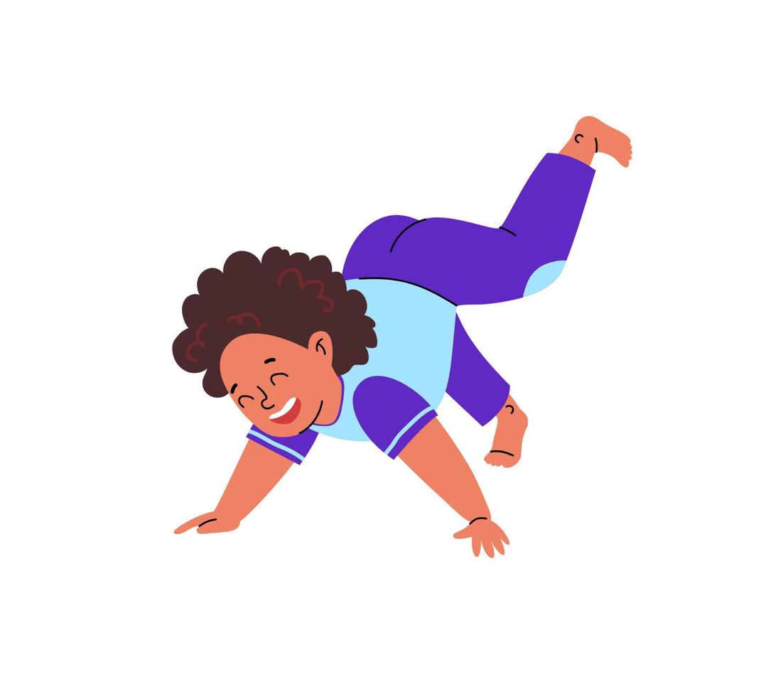 Cartoon laughing curly-haired child in pajamas stands in his arms. The child happily does exercises by swinging his legs. Vector stock illustration.