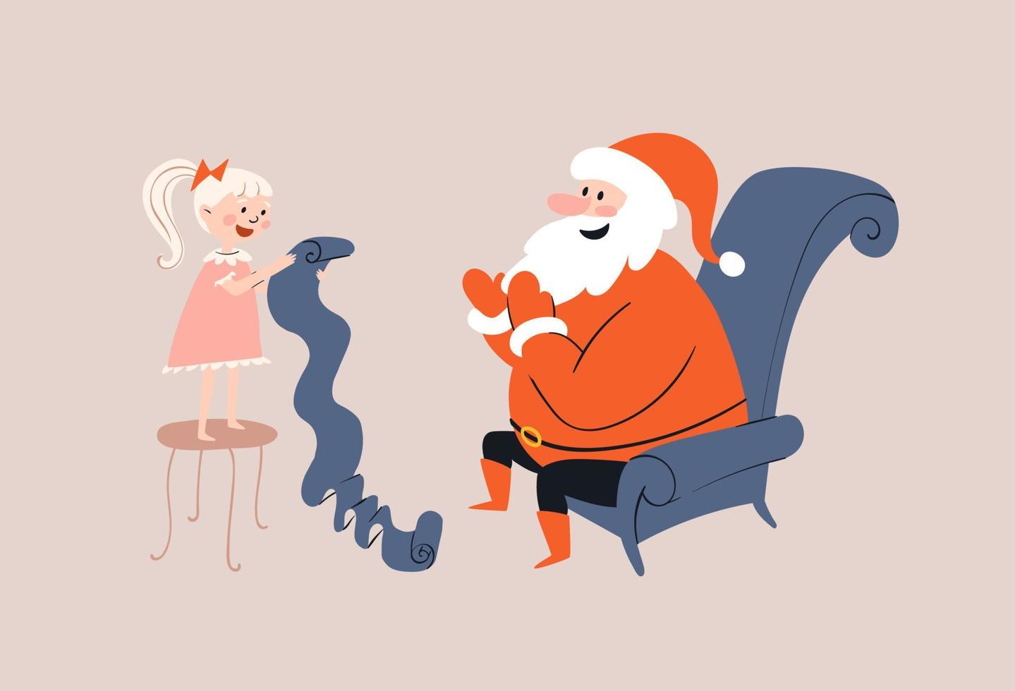 caricatura santa se sienta en un cómodo sillón y mira a la chica. el niño se para en una silla y lee una gran lista de deseos, poemas frente a santa claus. ilustración vectorial dibujada a mano. vector